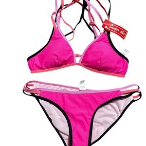 Hot Pink Triangle Bikini with Black Contrast Strings